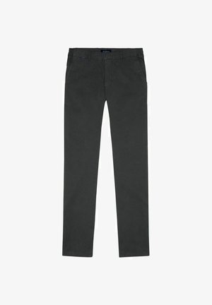 Pantalon décontracté gris foncé à jambes droites avec poches latérales et passants pour ceinture, posé à plat sur un fond blanc.