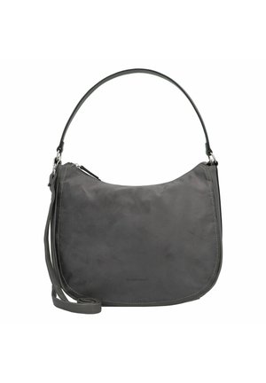 Borsa a spalla in pelle grigia con forma curva, superficie liscia, chiusura con zip e una lunga tracolla regolabile. Presenta dettagli di cucitura discreti.