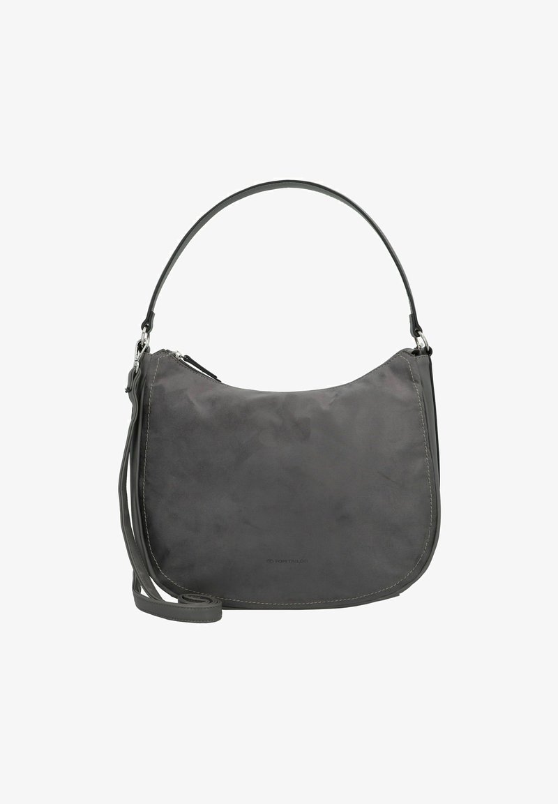 Borsa a spalla in pelle grigia con forma curva, superficie liscia, chiusura con zip e una lunga tracolla regolabile. Presenta dettagli di cucitura discreti.