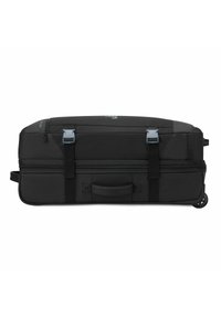 Borsa a duffel nera con ruote, dalla texture liscia, chiusura con zip, doppi manici e cinturini regolabili. Presenta tasche laterali e dettagli con logo.
