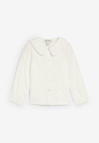 Blusa bianca a maniche lunghe con colletto arrotondato, chiusura con bottoni e polsini arricciati. Tessuto morbido con una sottile texture e leggeri dettagli arruffati.