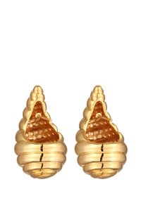 Boucles d'oreilles en spirale couleur or, en forme de coquillages, avec une surface texturée à rainures et un intérieur ouvert, conçues pour oreilles percées.