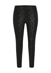 Leggings neri con un motivo texture in pelle di serpente, materiale elasticizzato e design aderente. Nessuna ferramenta o accessorio visibile.