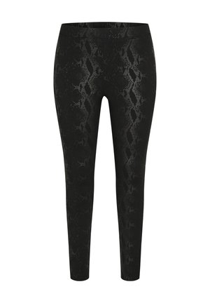 Leggings noirs avec un motif texturé en peau de serpent, en matériau extensible et au design ajusté. Aucun matériel ou accent visible.
