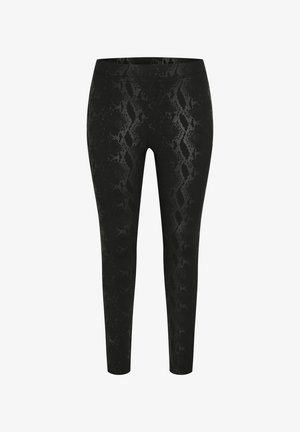 Zwarte leggings met een getextureerd slangenhuidpatroon, rekbaar materiaal en een aansluitend ontwerp. Geen zichtbare hardware of accenten.