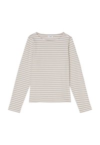 Długi rękaw top w jasnobeżowej bawełnie w białe poziome paski, z okrągłym dekoltem i prostym dołem.