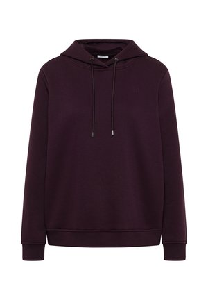 Sweat à capuche violet foncé avec manches longues, cordons de serrage et logo brodé discret sur la poitrine.