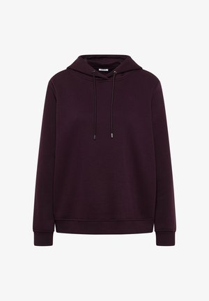 Dark purple pullover hoodie with long sleeves, drawstrings, and subtle embroidered logo on the chest.