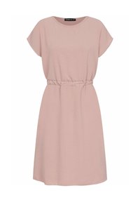 Pink short-sleeve dress with a relaxed fit, cinched waist, and soft, textured fabric. Simple design with a round neckline.