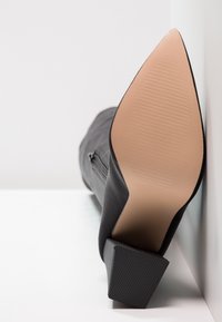 Scarpa nera con tacco alto e punta affilata, materiale esterno liscio, e tacco nero texturizzato. Suola chiara con linee orizzontali.