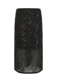 Falda midi negra con una capa transparente, que presenta patrones de cuentas geométricas y una cinturilla suave. El acabado texturizado añade profundidad y detalle.