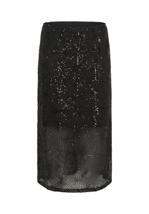 Jupe midi noire avec une couche transparente, ornée de motifs géométriques en perles et d'une taille lisse. Finition texturée ajoutant de la profondeur et du détail.