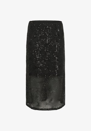 Fustă midi neagră cu un strat transparent, având modele geometrice din mărgele și un corset neted. Finisajul texturat adaugă profunzime și detalii.