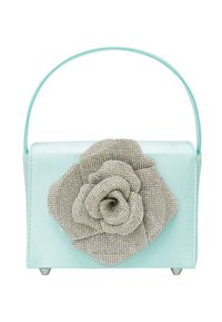 Miętowozielona torebka w kształcie pudełka, wykonana z satyny, z dużą metaliczną srebrną ozdobą w kształcie kwiatu i przezroczystym uchwytem.