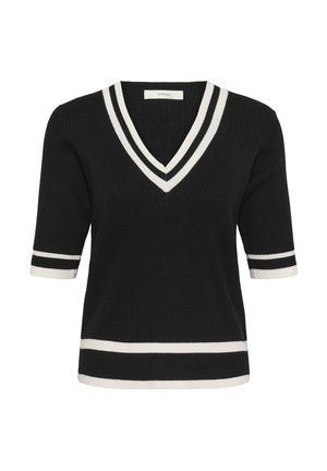 Fekete rövid ujjú kötött pulóver fehér V-nyakú szegéllyel és hozzáillő fehér csíkokkal az ujjakon és az alsó szegélyen.