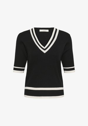 Fekete rövid ujjú kötött pulóver fehér V-nyakú szegéllyel és hozzáillő fehér csíkokkal az ujjakon és az alsó szegélyen.