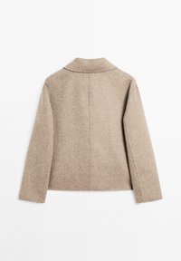 Beige uldblandet langærmet jakke med lige snit og enkel krave, vist fra ryggen mod en hvid baggrund.