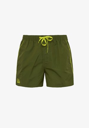 Olijfgroene zwembroek met een trekkoord in de taille, limoen groene accenten, zijzakken en een logo op de linkeronderkant. Lichtgewicht stof.