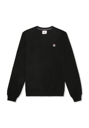 Schwarzes Rundhalsausschnitt-Sweatshirt aus weichem Stoff, mit einem kleinen weißen und roten Logo auf der linken Brust sowie gerippten Bündchen und Saum.
