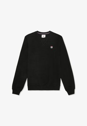Sudadera negra de cuello redondo hecha de tela suave, con un pequeño logo blanco y rojo en el lado izquierdo del pecho y puños y dobladillo acanalados.