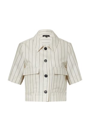 Krótka kurtka z rękawem w jasnobeżowym materiale z wąskimi czarnymi paskami. Posiada kołnierz, zapięcie na guziki oraz dwie przednie kieszenie.