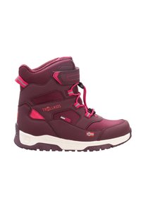 Burgundy ankle boot made of synthetic material with pink accents, Velcro strap, and laces; features a textured surface and rugged sole.