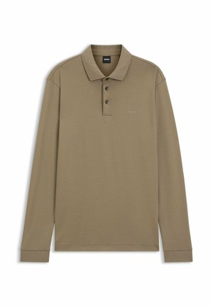 Langärmliges Poloshirt in Khaki aus einem Baumwollmischgewebe. Verfügt über eine Drei-Knopf-Leiste, einen gerippten Kragen und eine dezente Logo-Stickerei auf der Brust.
