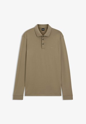 Long-sleeve polo shirt in khaki, cotton blend fabric. Features three-button placket, ribbed collar, and subtle logo embroidery on the chest.