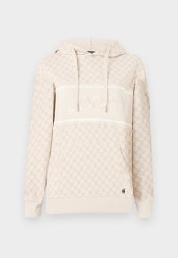 Beige Kapuzenpullover aus gemustertem Stoff, mit einer Kordelzugkapuze, Vordertasche und einem weißen Logo-Band mit "JOOP!" in Pink gestickt.