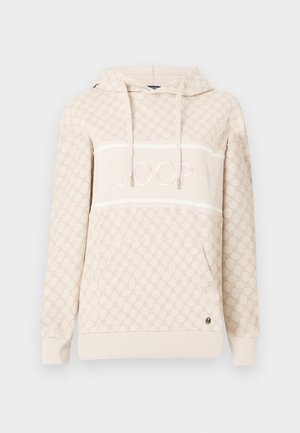 Beige hoodie with a patterned fabric, features a drawstring hood, front pocket, and a white logo band with "JOOP!" embroidered in pink.