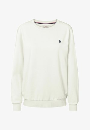 Bijela pamučna dukserica dugih rukava, s rebrastim manžetama i rubom. Ima mali mornarski logo na lijevoj strani prsnog koša i okrugli izrez.