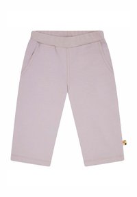 Helle lavendelfarbene Baumwollhose mit elastischem Bund, zwei Seitentaschen, geraden Beinen und einem kleinen, mehrfarbigen Tag am Saum.