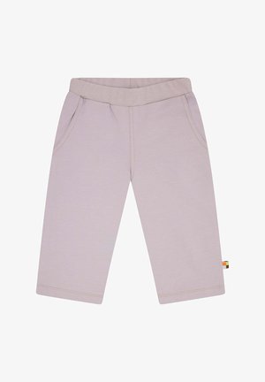 Pantaloni di cotone lilla chiaro con elastico in vita, due tasche laterali, gambe diritte e un piccolo etichetta multicolore sull'orlo.