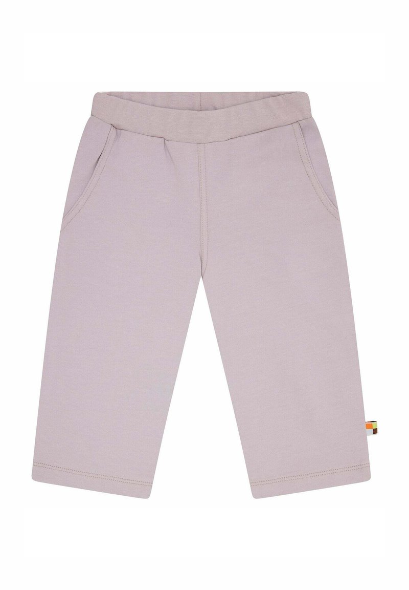 Helle lavendelfarbene Baumwollhose mit elastischem Bund, zwei Seitentaschen, geraden Beinen und einem kleinen, mehrfarbigen Tag am Saum.