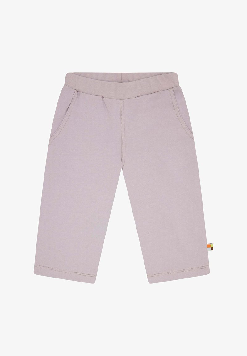 Helle lavendelfarbene Baumwollhose mit elastischem Bund, zwei Seitentaschen, geraden Beinen und einem kleinen, mehrfarbigen Tag am Saum.