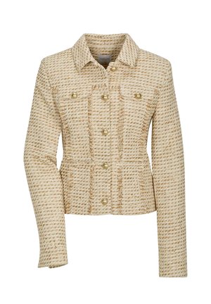 Beige en crèmekleurige getextureerde tweed jas met gouden knopen, voorzakken, een klassieke kraag en lange mouwen.