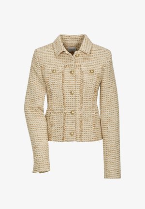 Beige en crèmekleurige getextureerde tweed jas met gouden knopen, voorzakken, een klassieke kraag en lange mouwen.