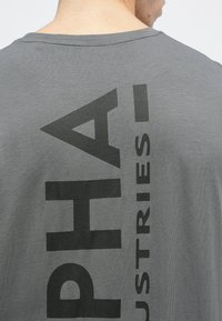 T-shirt cinza com uma grande impressão gráfica preta, com a palavra "ALPHA" em destaque nas costas, feita de material de algodão macio.