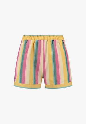 Shorts a righe gialli, rosa, turchesi e crema. Vita elastica, tessuto in cotone morbido e orlo con un accento turchese.