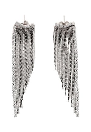 Ezüst tónusú csepp alakú fülbevalók, láncokkal és apró tiszta strasszkövekkel körbevett szegéllyel, patentzárral rögzítve.