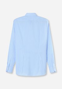 Langärmliges Hemd mit blau-weißen Streifen, das über einen Button-Down-Kragen, klassische Manschetten und einen abgerundeten Saum verfügt. Weicher Stoff mit glatter Textur.