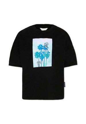 Czarny T-shirt z krótkim rękawem z niebieską grafiką palmy i białym napisem "Palm Angels" na środku przodu.
