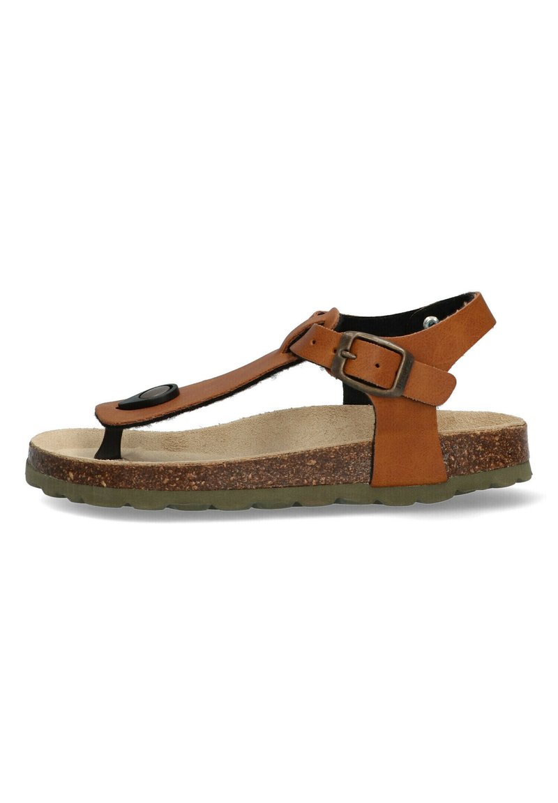 Brune lædersandal med t-strop design, justerbar spænde, kork indlægssål og struktureret gummisål. Accentueret med en sort cirkulær detalje.