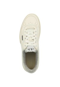 White sneaker with a sturdy leather upper, textured gray lining, round toe, perforated detail, and white laces. Logo on the tongue.