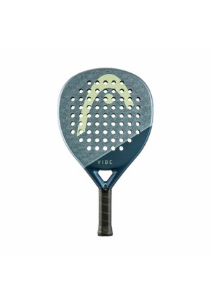 Racchetta da paddle tennis blu scuro e grigia con fori circolari e "VIBE" stampato sulla faccia inferiore sopra l'impugnatura nera.
