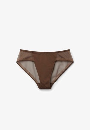 Brune damebikinibukser med fast frontpanel og halv-gennemsigtige netpaneler på siderne, lagt fladt på en hvid baggrund.