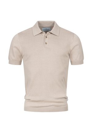 Polo à manches courtes en coton beige, présentant un col, une patte de boutonnage à trois boutons et un ourlet côtelé pour un look ajusté.
