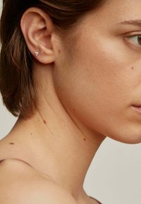 Pendientes de plata en forma de corazón, sobre un tono de piel neutro, destacando los finos detalles y un brillo sutil.