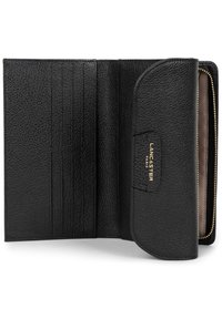 Black leather wallet interior features multiple card slots, a zippered pocket, and a gold logo detail. Textured finish adds dimension.