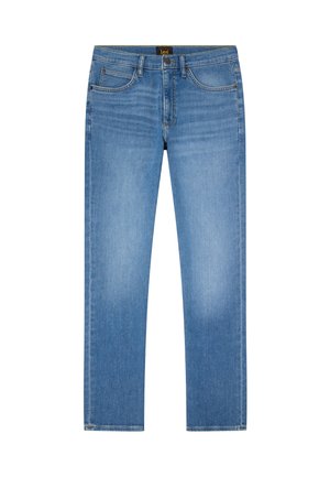 Lyseblå denim jeans med rette ben, frontknapp, glidelås, fem lommer og svak falming rundt lår og knær.